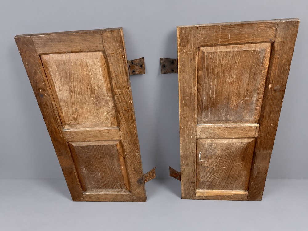 A pair of carved oak cabinet doors featuring double lozenge panel designs, floral knobs, and wrought iron strap hinges. View XIII