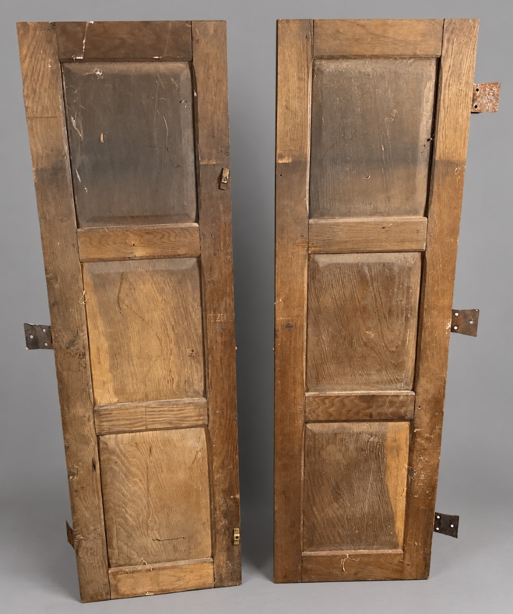A pair of hand-adzed solid oak cabinet doors featuring three recessed panels with carved diamond motifs and iron strap hinges. View VII