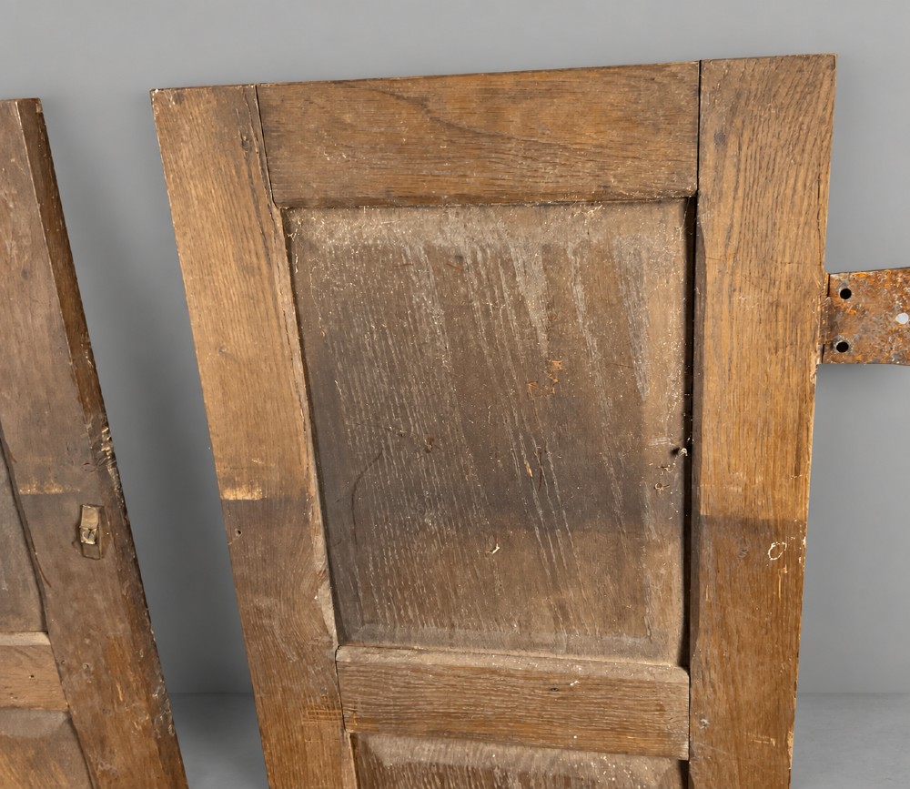 A pair of hand-adzed solid oak cabinet doors featuring three recessed panels with carved diamond motifs and iron strap hinges. View VIII