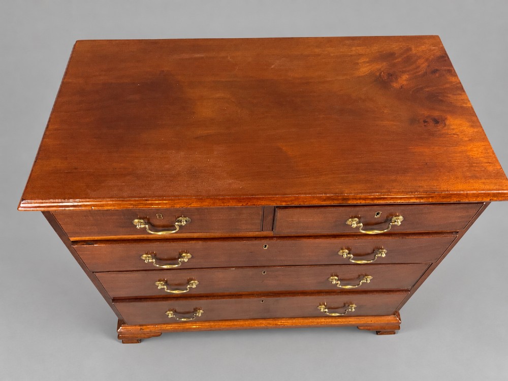 A Georgian mahogany chest of drawers featuring two short drawers over three long graduated drawers with brass swan-neck handles and bracket feet. View III