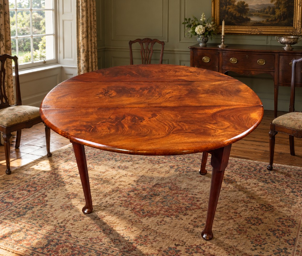 An 18th-century Georgian mahogany drop-leaf table featuring an oval top with rich grain figure and tapered legs ending in pad feet. View XI