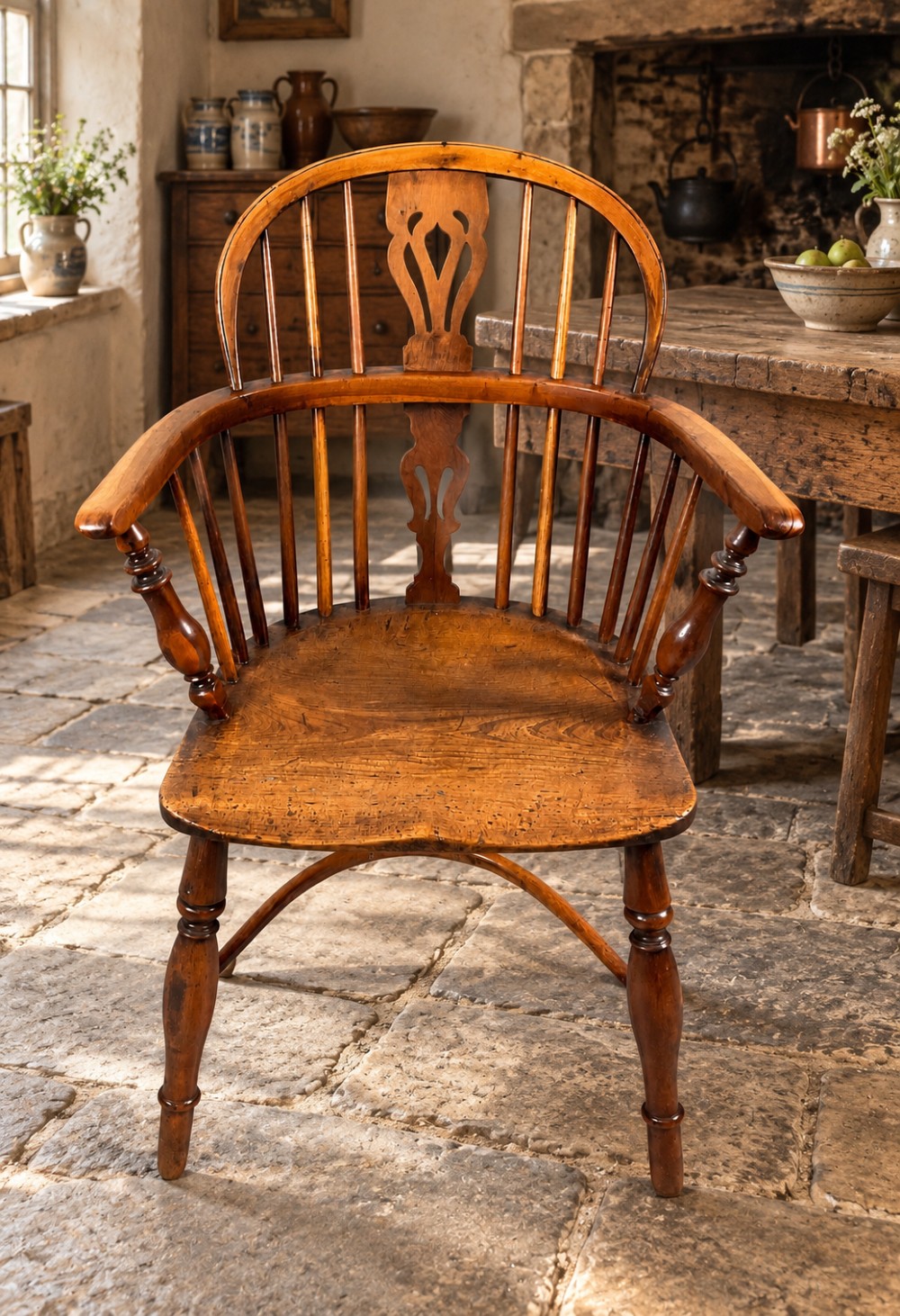 A low back antique yew wood Windsor chair featuring a contoured seat, turned legs, a crinoline stretcher, and a pierced decorative splat. View XI