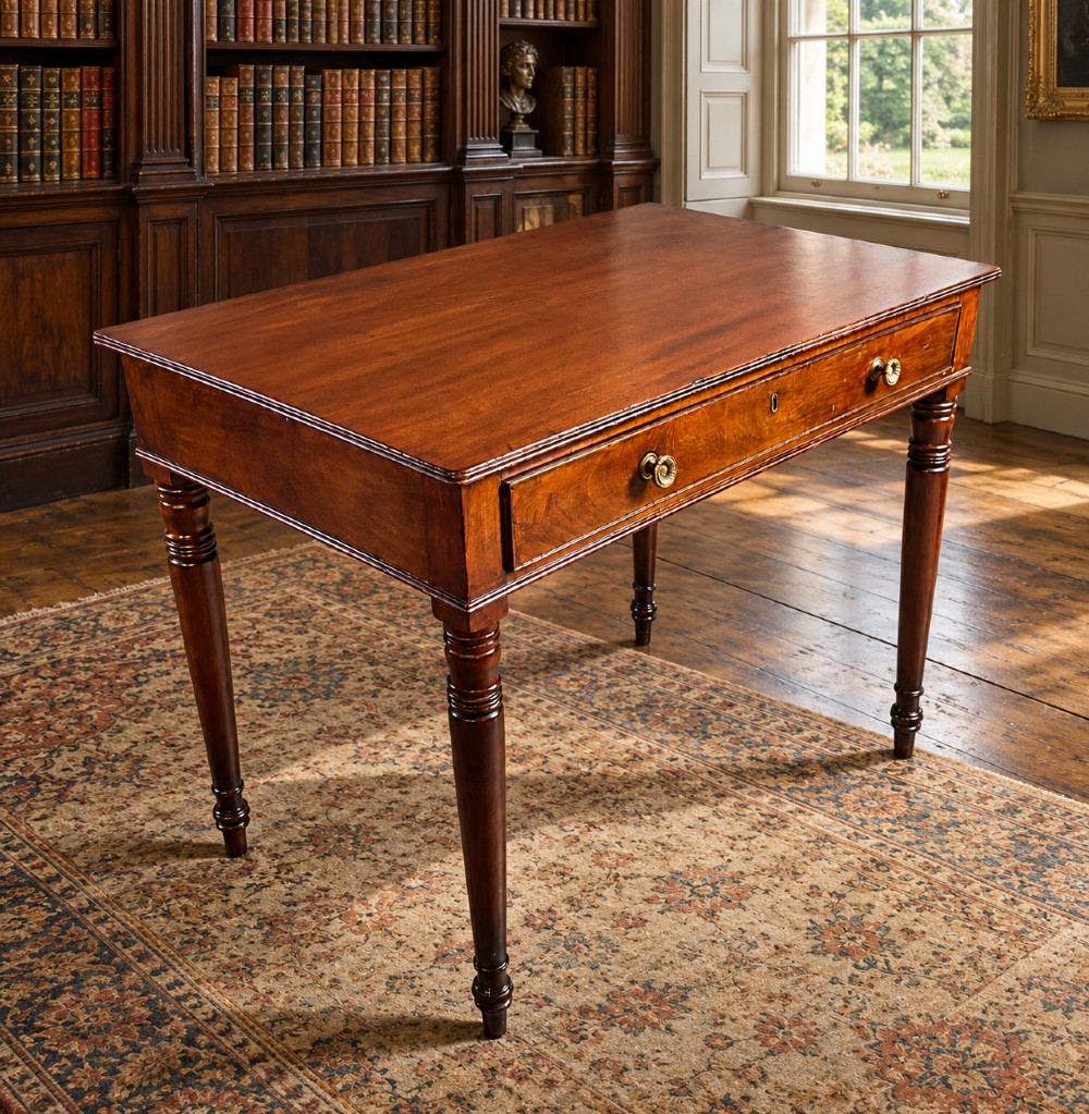 A rectangular mahogany library table featuring a single frieze drawer with brass handles and turned tapered legs. View VII