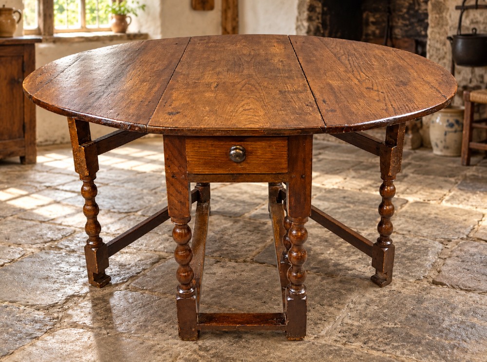 A 17th-century oak gateleg dining table with an oval drop-leaf top, turned legs, a box stretcher base, and a small end drawer. View VIII