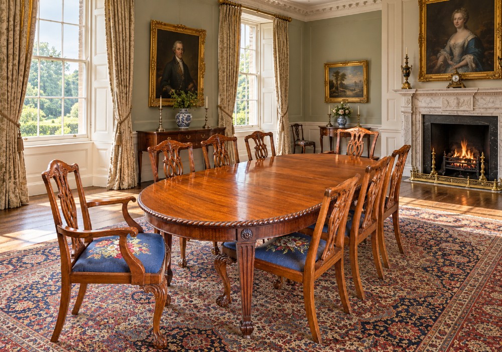 An oval mahogany extending dining table with a carved edge and winding mechanism, surrounded by eight carved wooden chairs featuring blue floral needlepoint seats. View XV