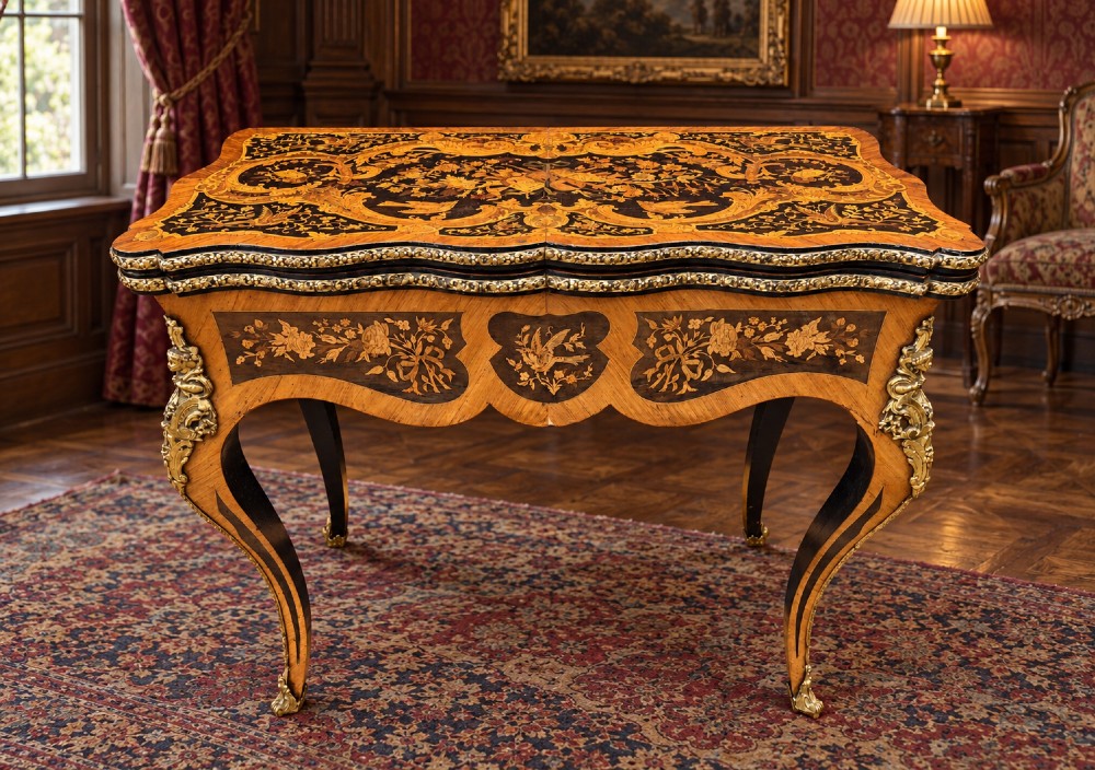 A French Rococo Revival marquetry games table featuring elaborate floral and bird inlay, cast brass mounts, and cabriole legs. View XIV