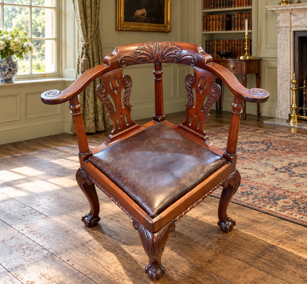 An 18th century Georgian mahogany corner chair featuring carved back splats, scrolled arms, a dark leather seat, and cabriole legs with ball and claw feet. View VII