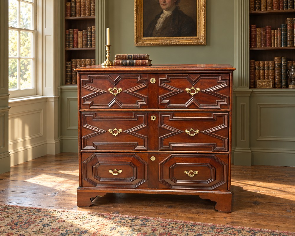 An 18th-century mahogany chest of drawers featuring geometric mitred mouldings, cast brass swan-neck handles, keyhole escutcheons, and bracket feet. View IX