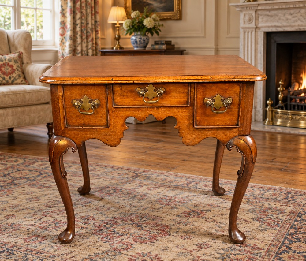 An 18th-century mahogany lowboy featuring three brass-handled drawers, a shaped apron, and four cabriole legs ending in pad feet. View XV