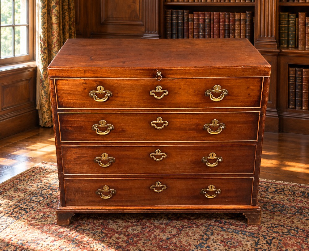 An 18th-century mahogany campaign dressing chest featuring graduated drawers with brass bail handles, side carrying loops, and bracket feet. View XIV