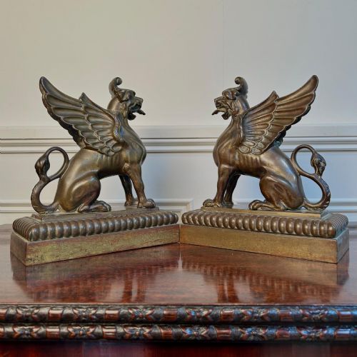 SUPER PAIR OF 19TH C BRONZED GRIFFINS