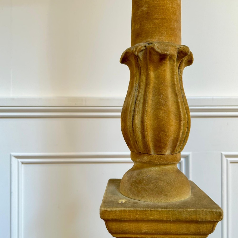 A tall 1930s Italian standard floor lamp featuring an ochre velvet-upholstered column base and a patterned fabric tapered shade. View II