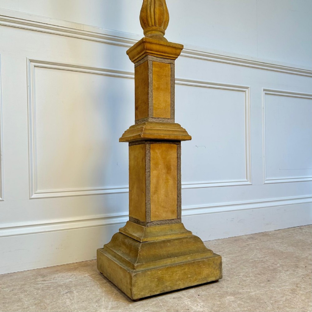 A tall 1930s Italian standard floor lamp featuring an ochre velvet-upholstered column base and a patterned fabric tapered shade. View III