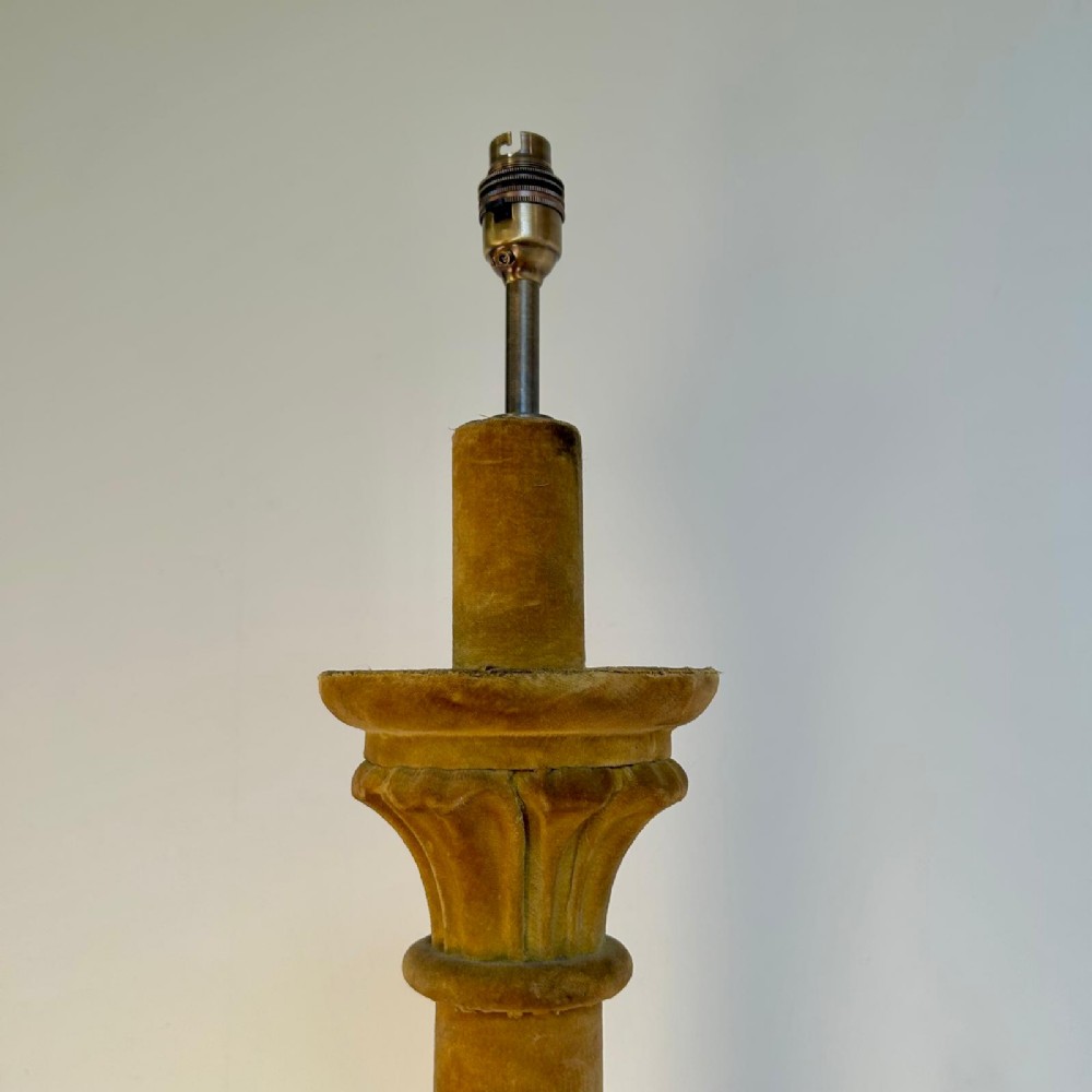 A tall 1930s Italian standard floor lamp featuring an ochre velvet-upholstered column base and a patterned fabric tapered shade. View IV