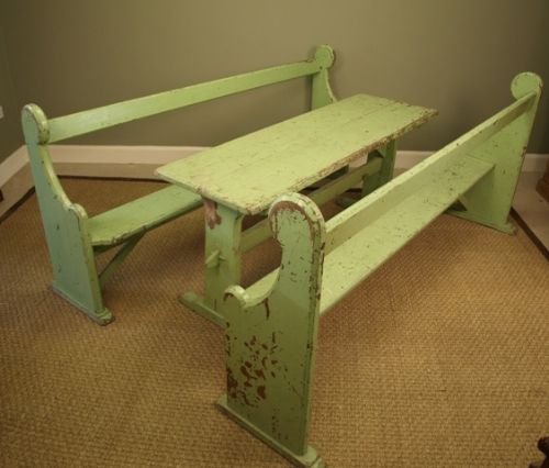 Victorian Pine Painted Table and 2 Benches
