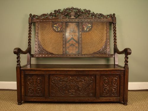 A Carved & Painted Victorian Oak Settle