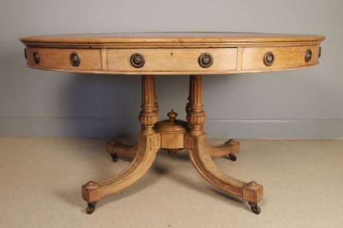 19th C Solid Oak Oval Library Drum Table