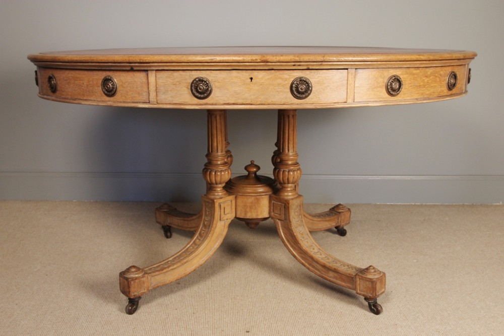 19th C Solid Oak Oval Library Drum Table