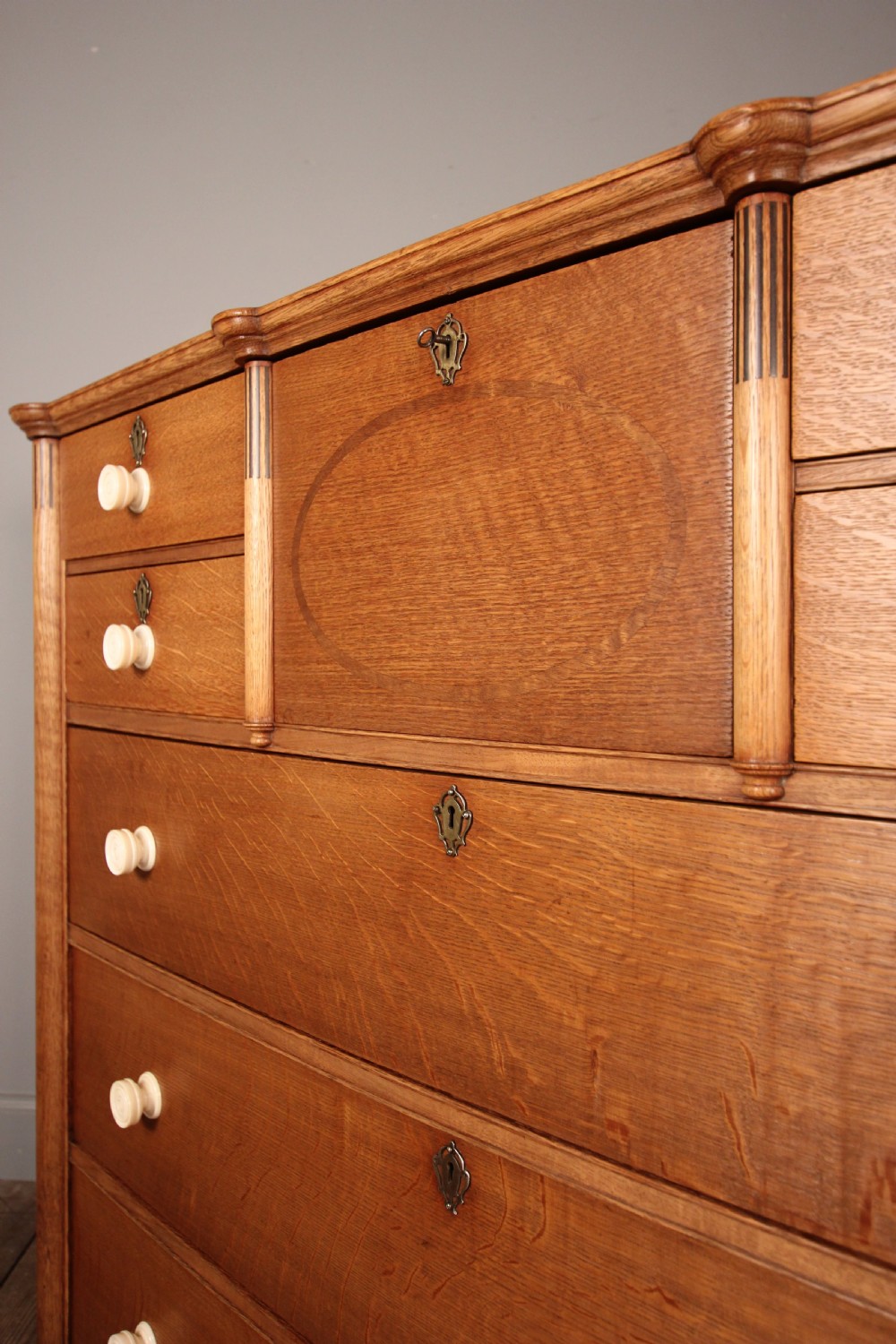 Superb Arts & Crafts Oak Inlaid Chest of Drawers View IX
