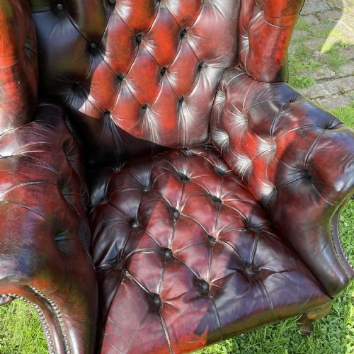 HAND DYED DEEP BUTTONED LEATHER WING ARMCHAIR C 1920 - ADDITIONAL PHOTO 8