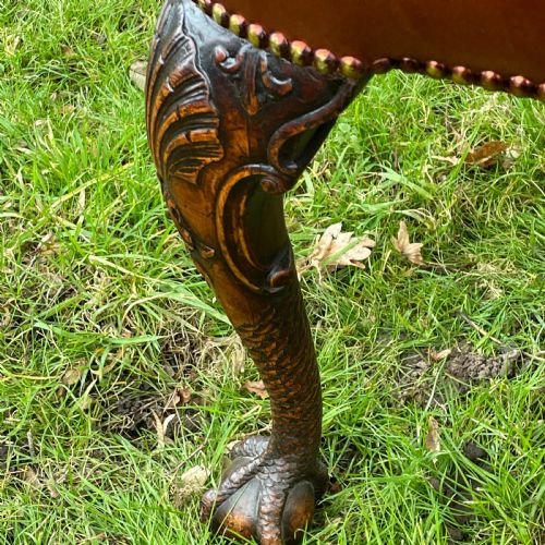 GEORGE II STYLE CARVED WALNUT ARMCHAIR IN LEATHER C1900 - ADDITIONAL PHOTO 10
