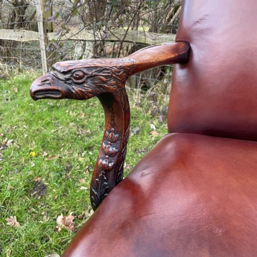 GEORGE II STYLE CARVED WALNUT ARMCHAIR IN LEATHER C1900 - ADDITIONAL PHOTO 12
