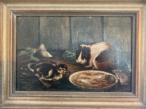 CHARMING VICTORIAN OIL PAINTING FARMYARD ANIMALS - ADDITIONAL PHOTO 1