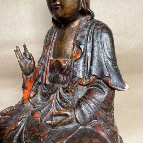 EARLY 19TH C CHINESE POLYCHROME CARVED WOOD GUANYIN FIGURE - ADDITIONAL PHOTO 3