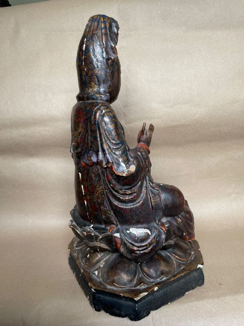 EARLY 19TH C CHINESE POLYCHROME CARVED WOOD GUANYIN FIGURE - ADDITIONAL PHOTO 9