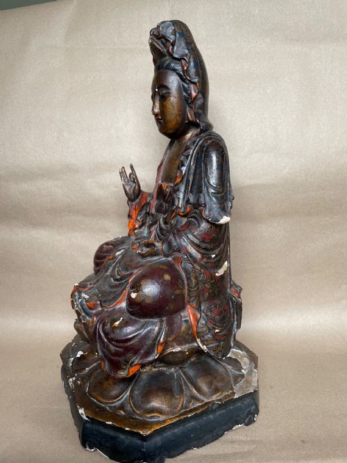 EARLY 19TH C CHINESE POLYCHROME CARVED WOOD GUANYIN FIGURE - ADDITIONAL PHOTO 10