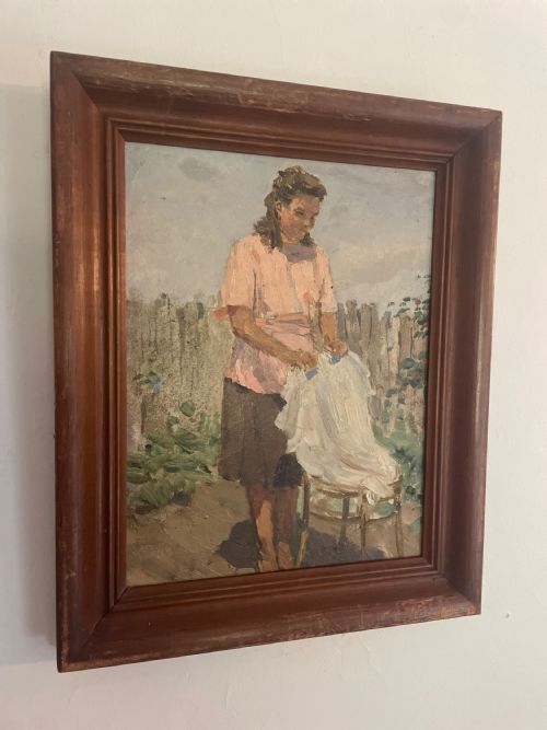1940s social realist painting of woman washing genady koralev 19131945 - CATEGORY: ANTIQUE ART - DATED 1940