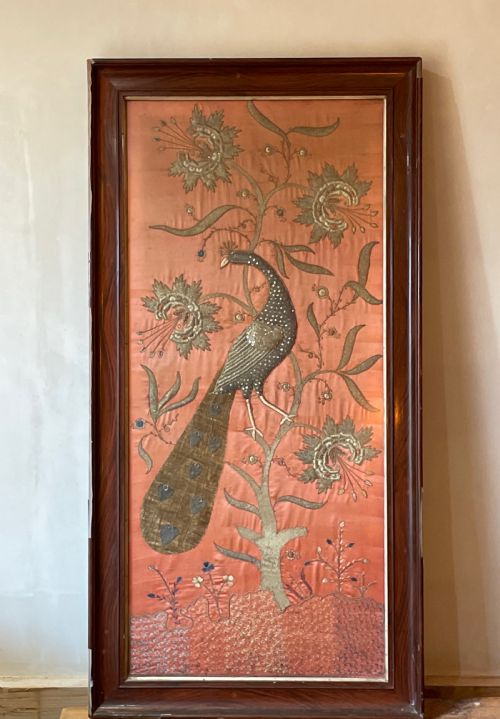 a large indian 19th c embroidered panel of a peacock - CATEGORY: ANTIQUE MISCELLANEOUS - DATED 1860