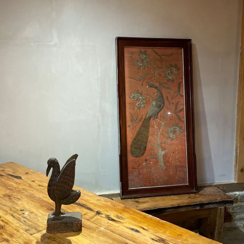 A LARGE INDIAN 19TH C EMBROIDERED PANEL OF A PEACOCK - ADDITIONAL PHOTO 6