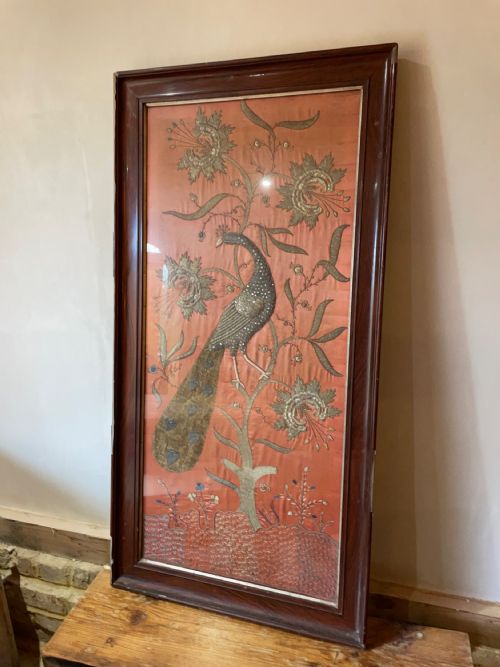 A LARGE INDIAN 19TH C EMBROIDERED PANEL OF A PEACOCK - ADDITIONAL PHOTO 2