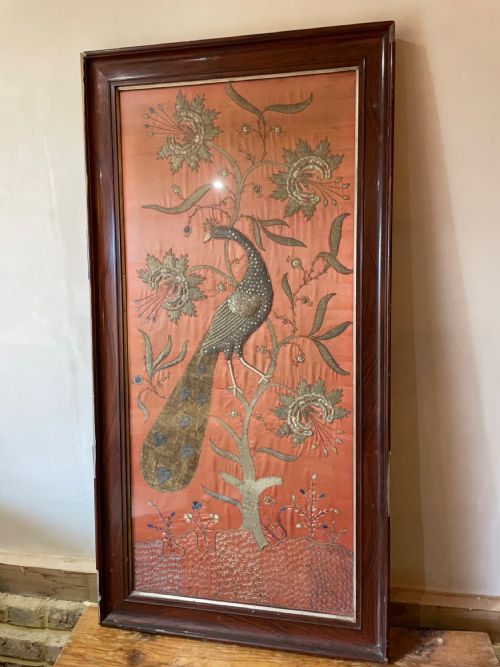 A LARGE INDIAN 19TH C EMBROIDERED PANEL OF A PEACOCK - ADDITIONAL PHOTO 3
