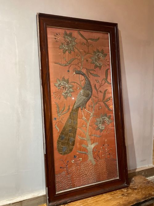 A LARGE INDIAN 19TH C EMBROIDERED PANEL OF A PEACOCK - ADDITIONAL PHOTO 4