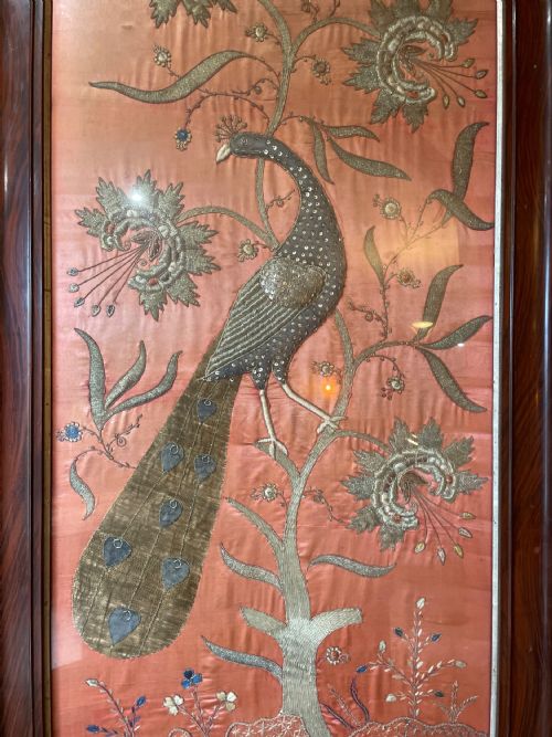 A LARGE INDIAN 19TH C EMBROIDERED PANEL OF A PEACOCK - ADDITIONAL PHOTO 9