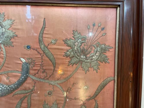 A LARGE INDIAN 19TH C EMBROIDERED PANEL OF A PEACOCK - ADDITIONAL PHOTO 7
