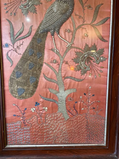 A LARGE INDIAN 19TH C EMBROIDERED PANEL OF A PEACOCK - ADDITIONAL PHOTO 10