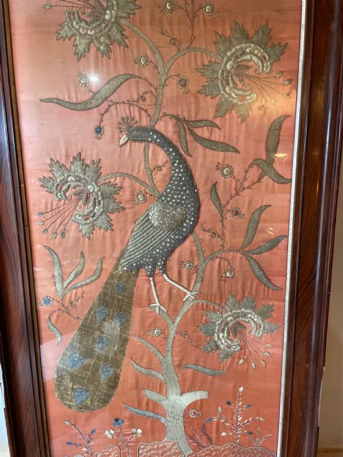 A LARGE INDIAN 19TH C EMBROIDERED PANEL OF A PEACOCK - ADDITIONAL PHOTO 11