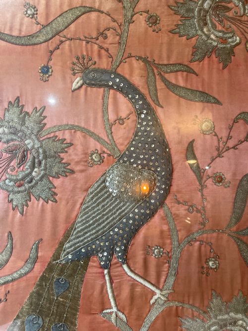 A LARGE INDIAN 19TH C EMBROIDERED PANEL OF A PEACOCK - ADDITIONAL PHOTO 13