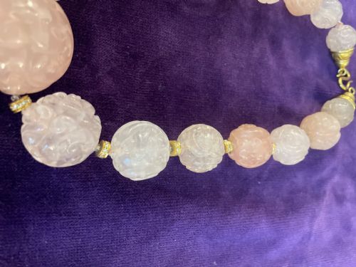 FINE CHINESE 18K GOLD ROSE QUARTZ DIAMOND NECKLACE 1960S - ADDITIONAL PHOTO 3