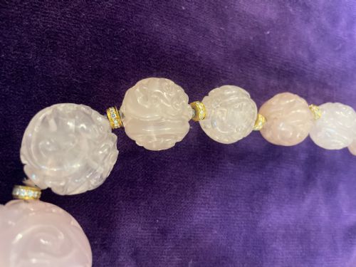 FINE CHINESE 18K GOLD ROSE QUARTZ DIAMOND NECKLACE 1960S - ADDITIONAL PHOTO 6