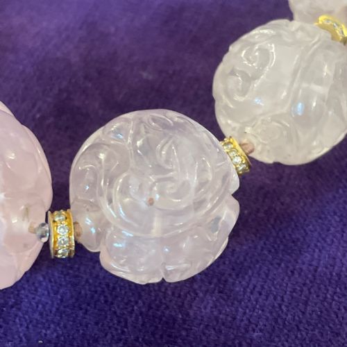 FINE CHINESE 18K GOLD ROSE QUARTZ DIAMOND NECKLACE 1960S - ADDITIONAL PHOTO 11