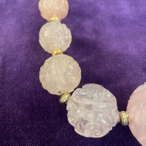 FINE CHINESE 18K GOLD ROSE QUARTZ DIAMOND NECKLACE 1960S - ADDITIONAL PHOTO 18