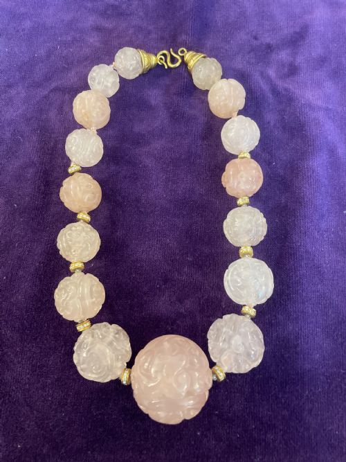 fine chinese 18k gold rose quartz diamond necklace 1960s - CATEGORY: ANTIQUE JEWELLERY - DATED 1960