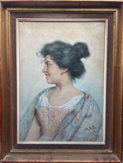 italian portrait of young woman watercolour on paper signed mrs 1910 - CATEGORY: ANTIQUE ART - DATED 1910