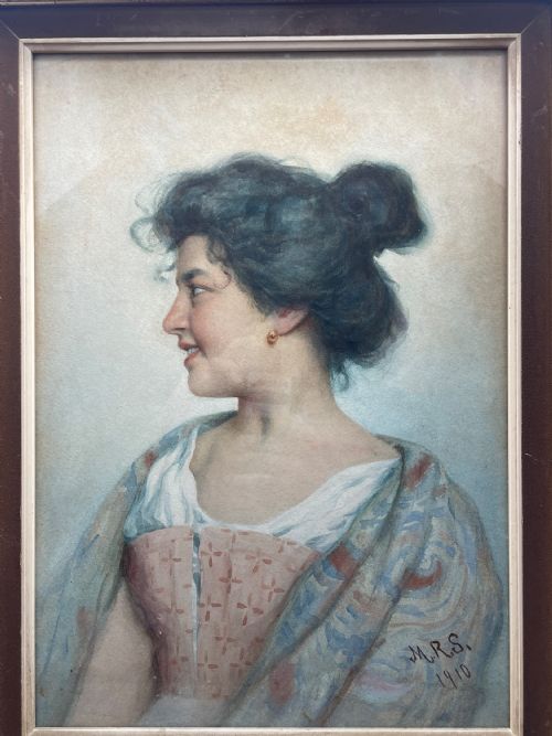 ITALIAN PORTRAIT OF YOUNG WOMAN WATERCOLOUR ON PAPER SIGNED MRS 1910 - ADDITIONAL PHOTO 6