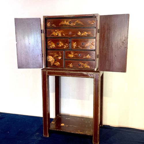 RED LACQUER CHINOISERIE CABINET ON STAND - ADDITIONAL PHOTO 2