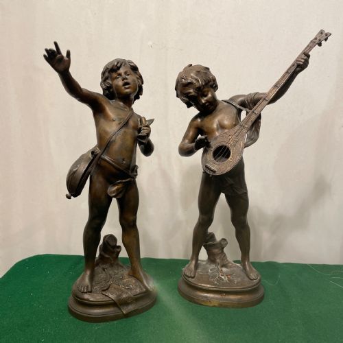 A PAIR OF FRENCH ANTIQUE BRONZE FIGURES OF MUSICIANS BY AUUSTE MOREAU - ADDITIONAL PHOTO 1